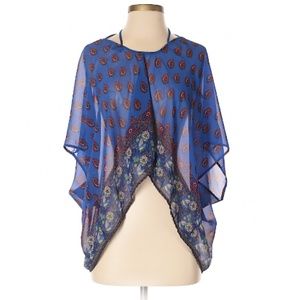 Jessica Simpson Sheer Print Dark Blue boho blouse short sleeve size xs-sm